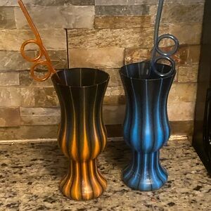 Decorative Metal Vase Set in Orange and Blue